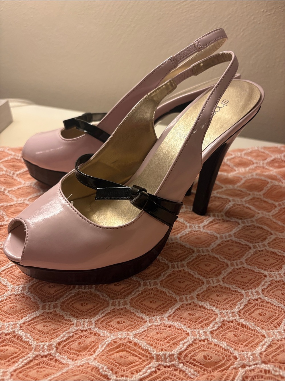 Shoe Dazzle Pink Peep-Toe Slingback Heels with Black Strap